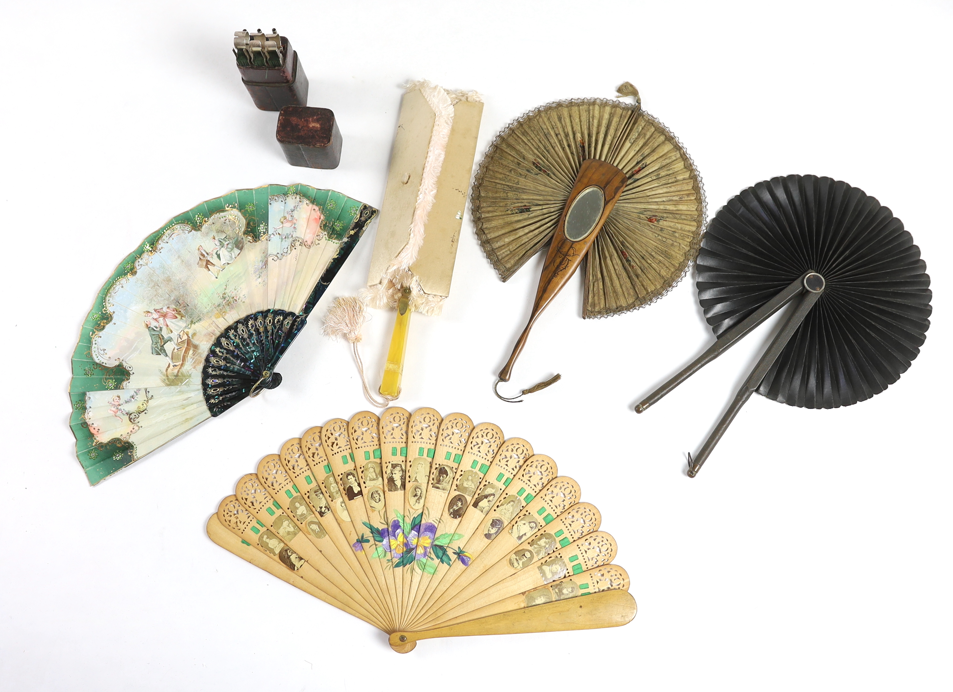 Six Edwardian novelty and unusual fans, some possibly bought during a Grand Tour.